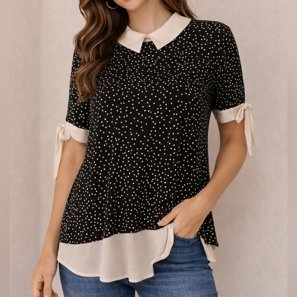 FAITH & JOY Black and White Polka Dot Pointed Flat Collar Short Sleeve Bow Tunic